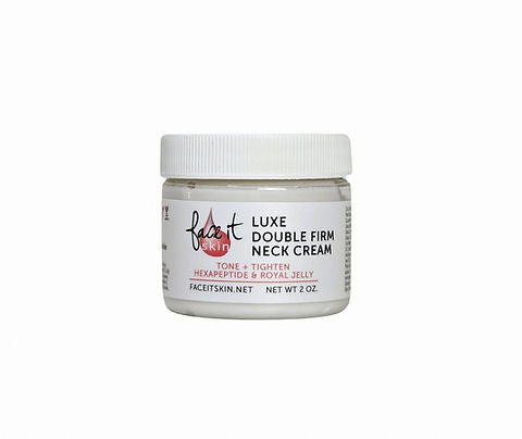 Jar of Face it Skin Luxe Double Firm Neck Cream on a white background. Skin tightening cream. Royal jelly, hexapeptide.