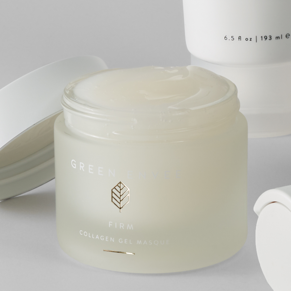 Jar of Green Envee Collagen Gel Masque on a light gray background