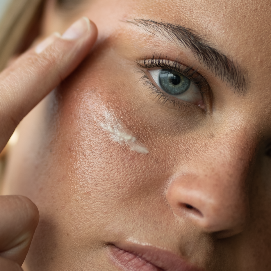 Close-up of a person applying cream to their face. Under eyes