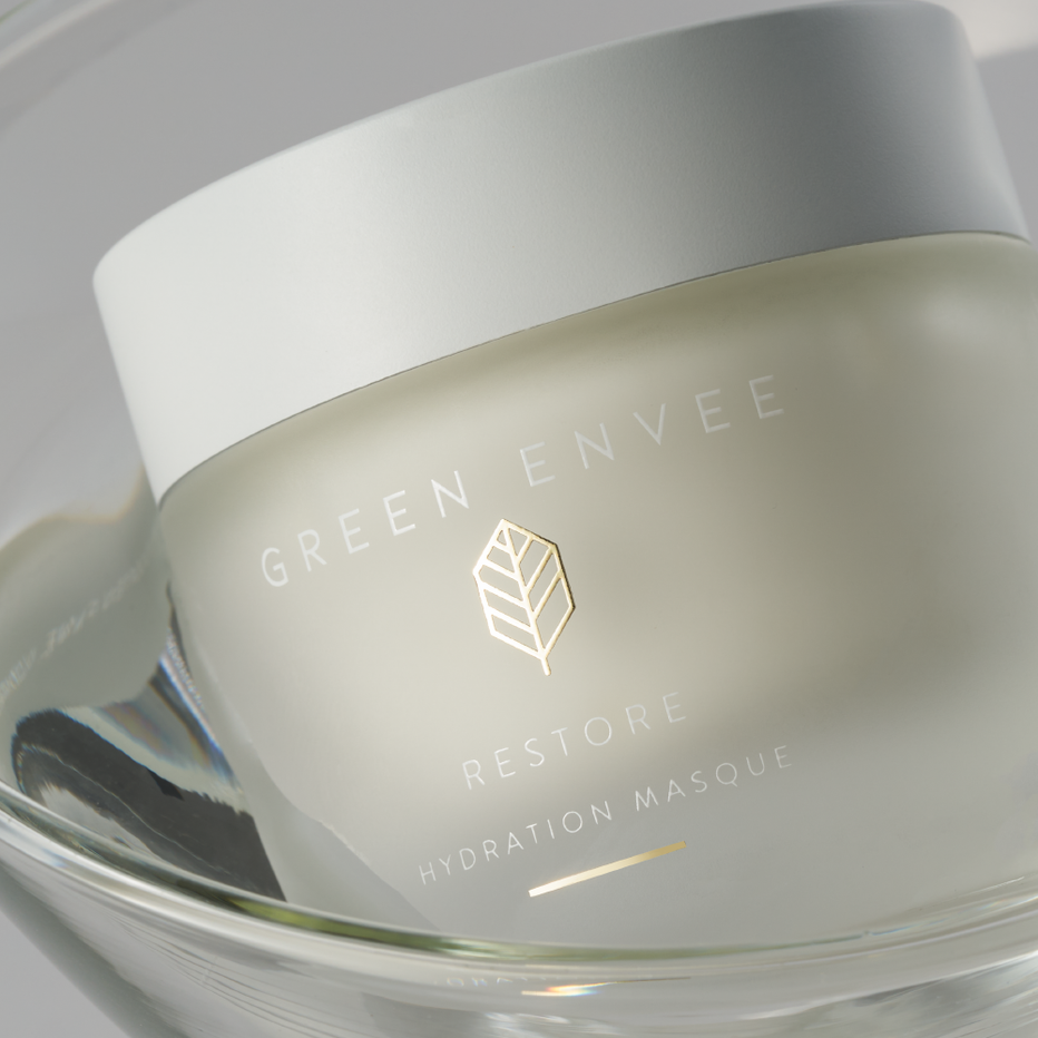 Green Envee Restore Hydration Masque jar on a white background