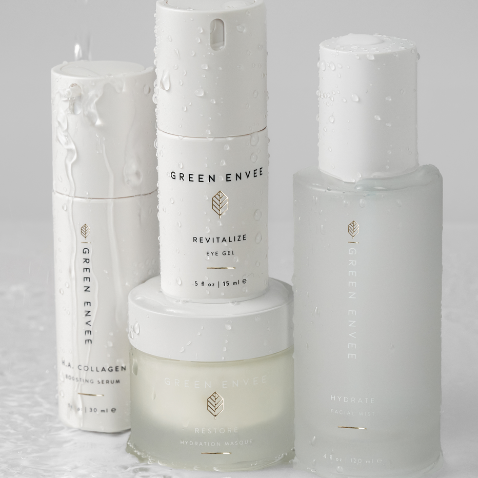 Set of skincare eye gelproducts from Green Envee on a light gray background