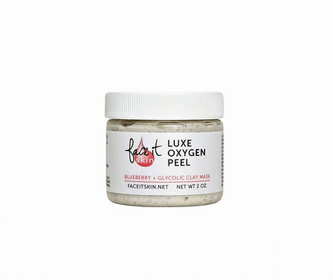 Jar of Luxe Oxygen Peel face mask with white lid on a white background. Top rated facial peel