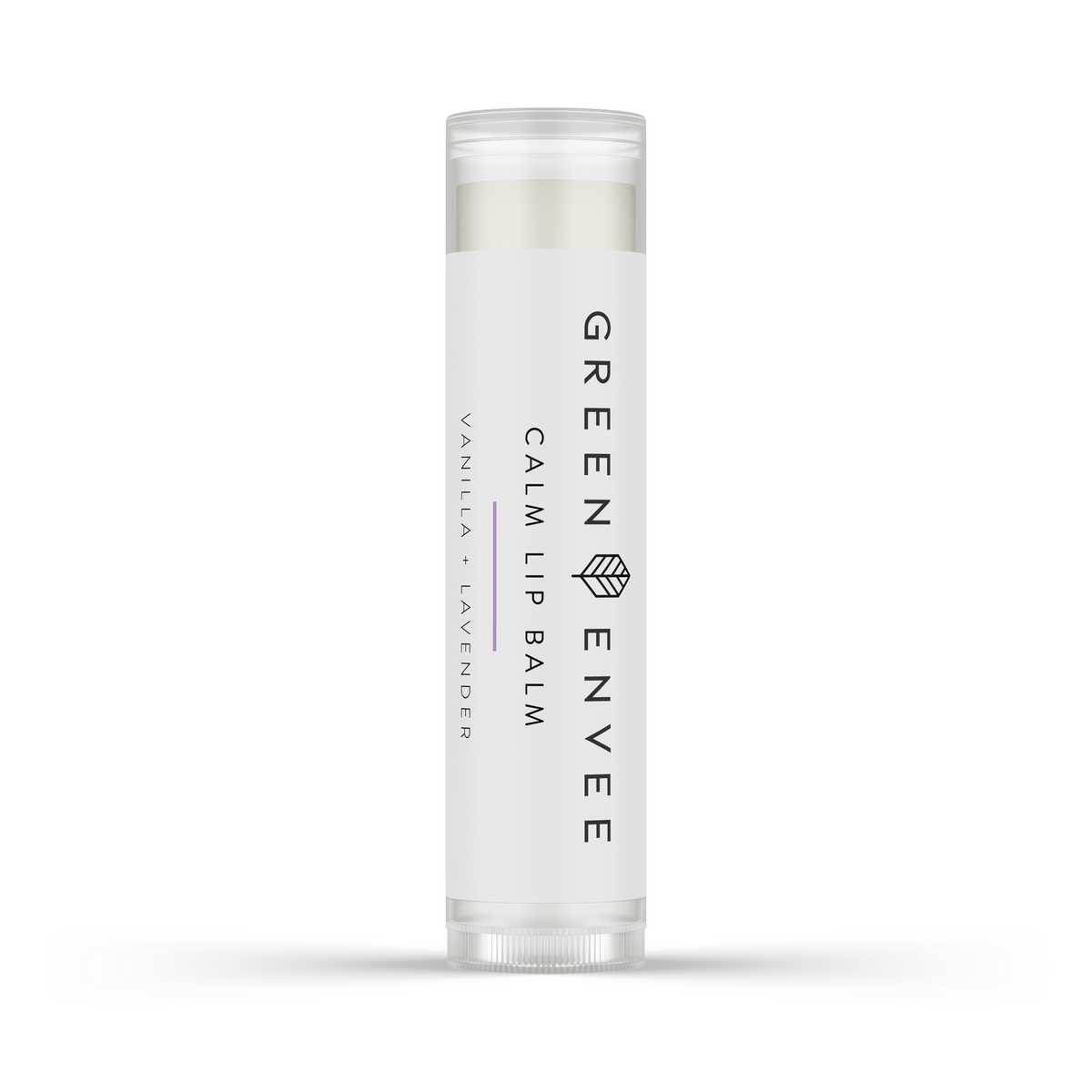 A tube of Green Lip Balm by Green Envee with the scent of vanilla and lavender.