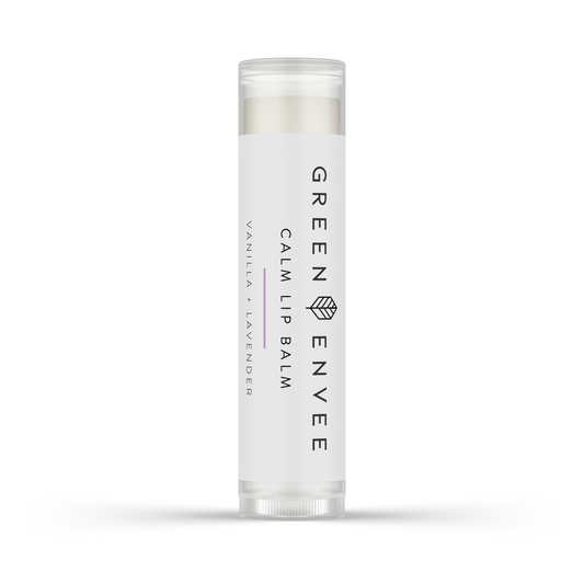 A tube of Green Lip Balm by Green Envee with the scent of vanilla and lavender.