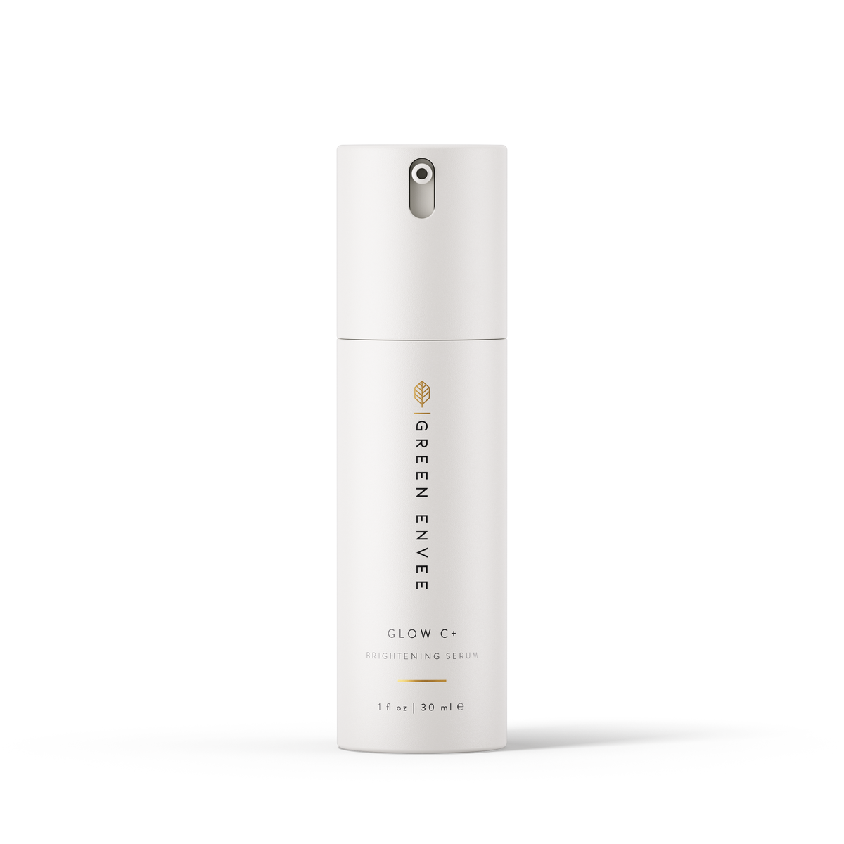 A pump bottle of Glow C+ Brightening Serum by Green Envee with a white and gold label.