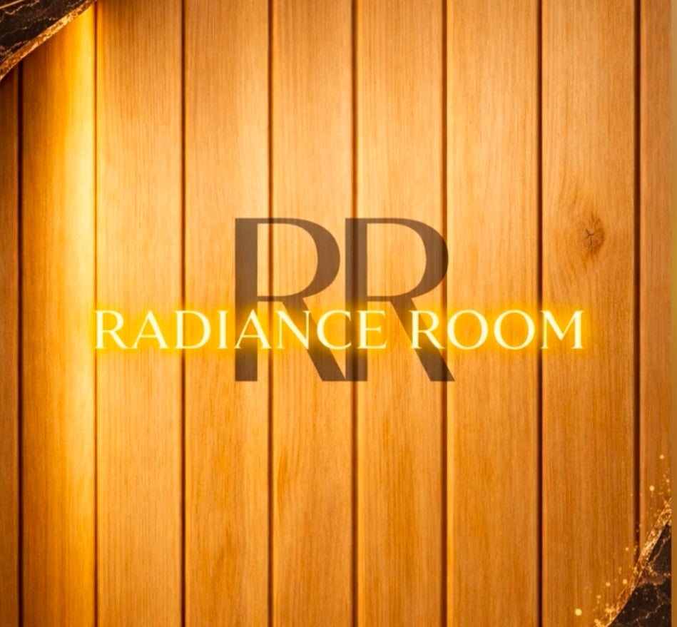A warm wood-paneled background with a large dark brown 'RR' monogram and the words 'RADIANCE ROOM' in yellow-gold text across the center.