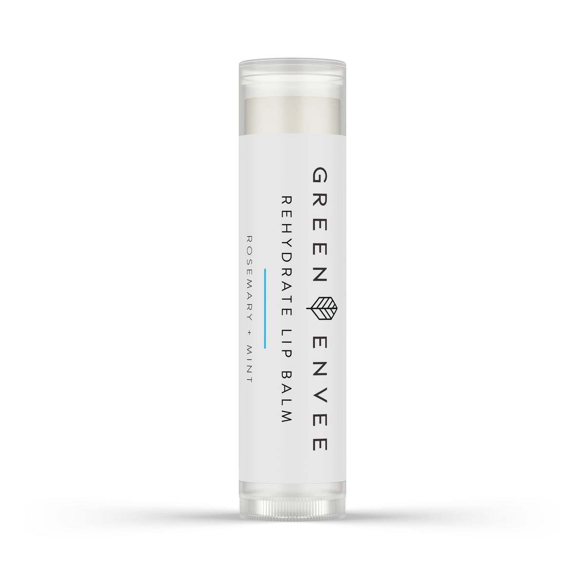 A tube of GREEN Envee REHYDRATE Lip Balm with a white background.