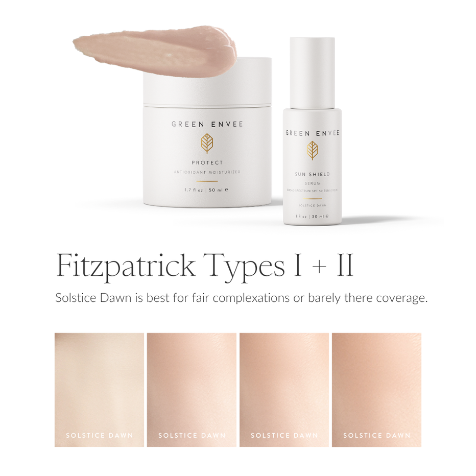 Green Envee skincare products (sun screen) with color swatches and text on a white background