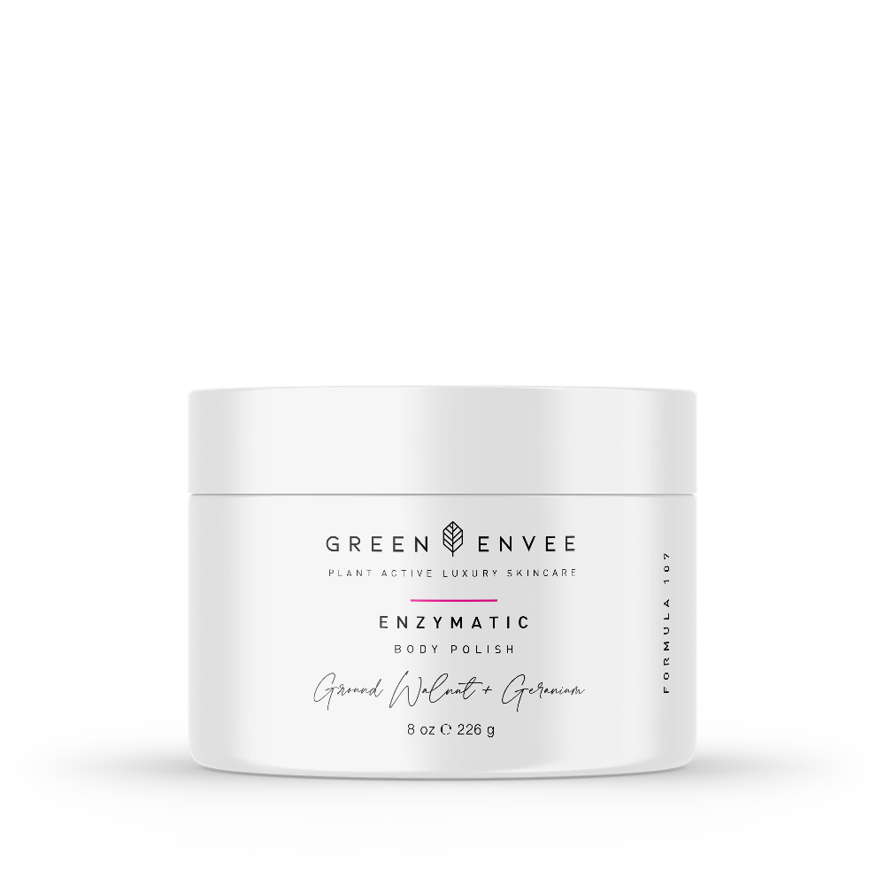 A container of Green Envee Plant Active Luxury Skincare Enzymatic Body Polish. Body exfoliation 