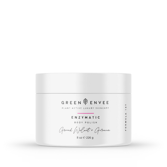 A container of Green Envee Plant Active Luxury Skincare Enzymatic Body Polish. Body exfoliation 